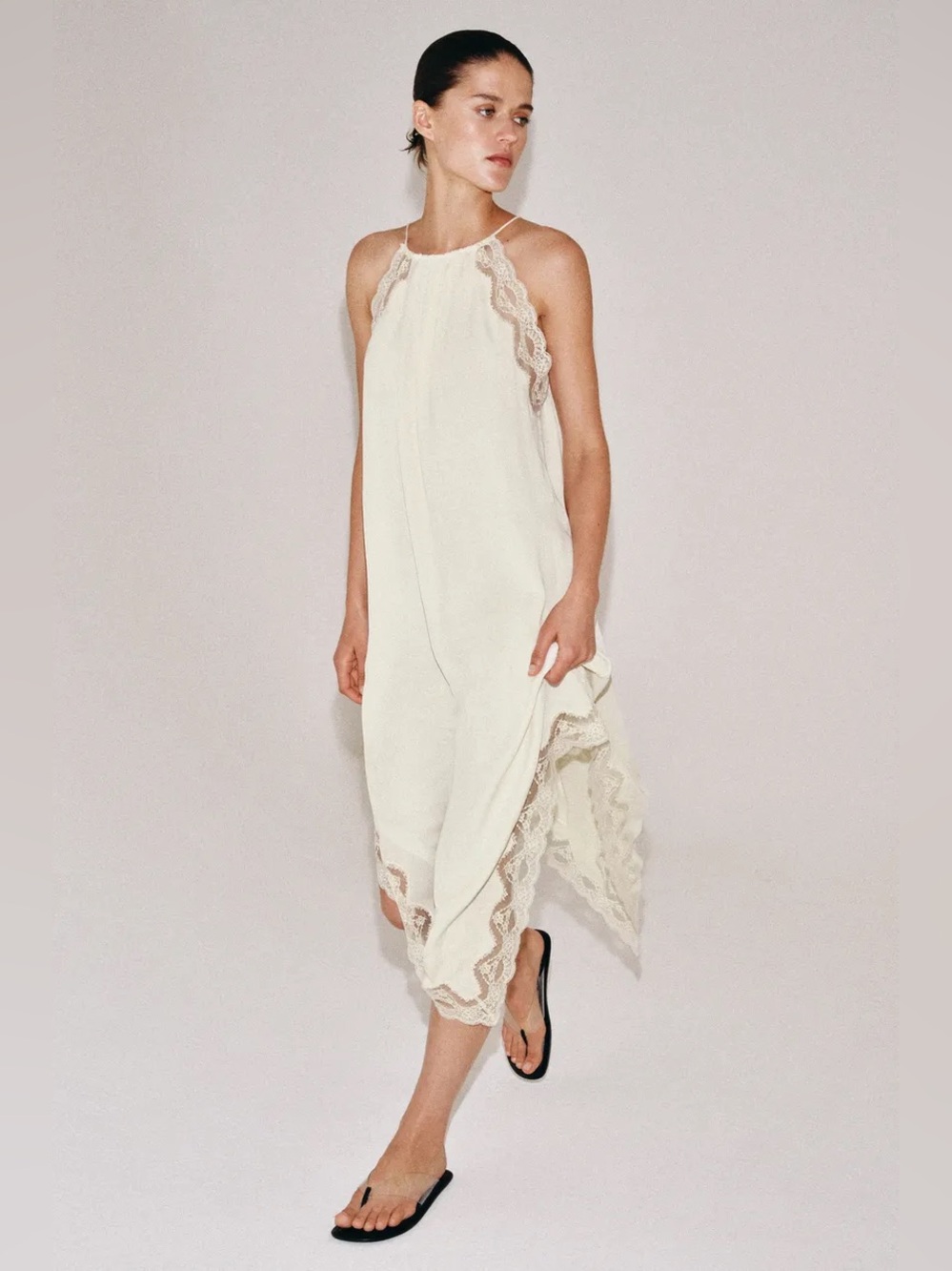 Zara Cream Lace-Trim Halter Midi Dress